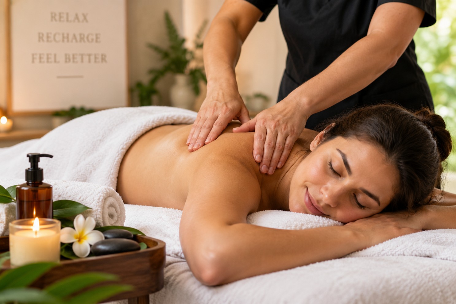 Massage therapy in California focused on shoulder and back tension.