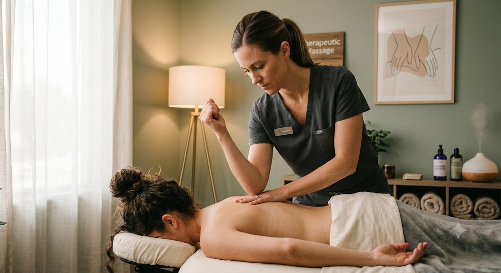 Therapist using firm forearm pressure on a client's shoulder during a deep tissue massage