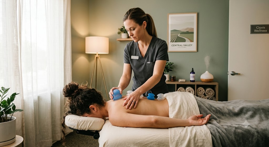 Massage therapist placing silicone cups on a client's back in a calm Clovis treatment room