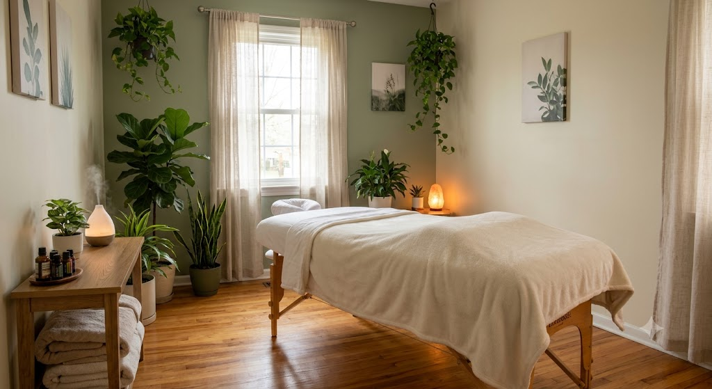 Quiet massage studio room with a heated table and greenery