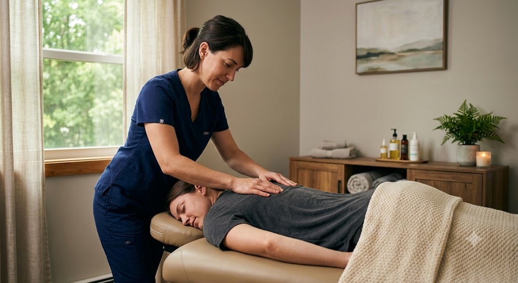 Therapist working on a client's upper back in a calm treatment room
