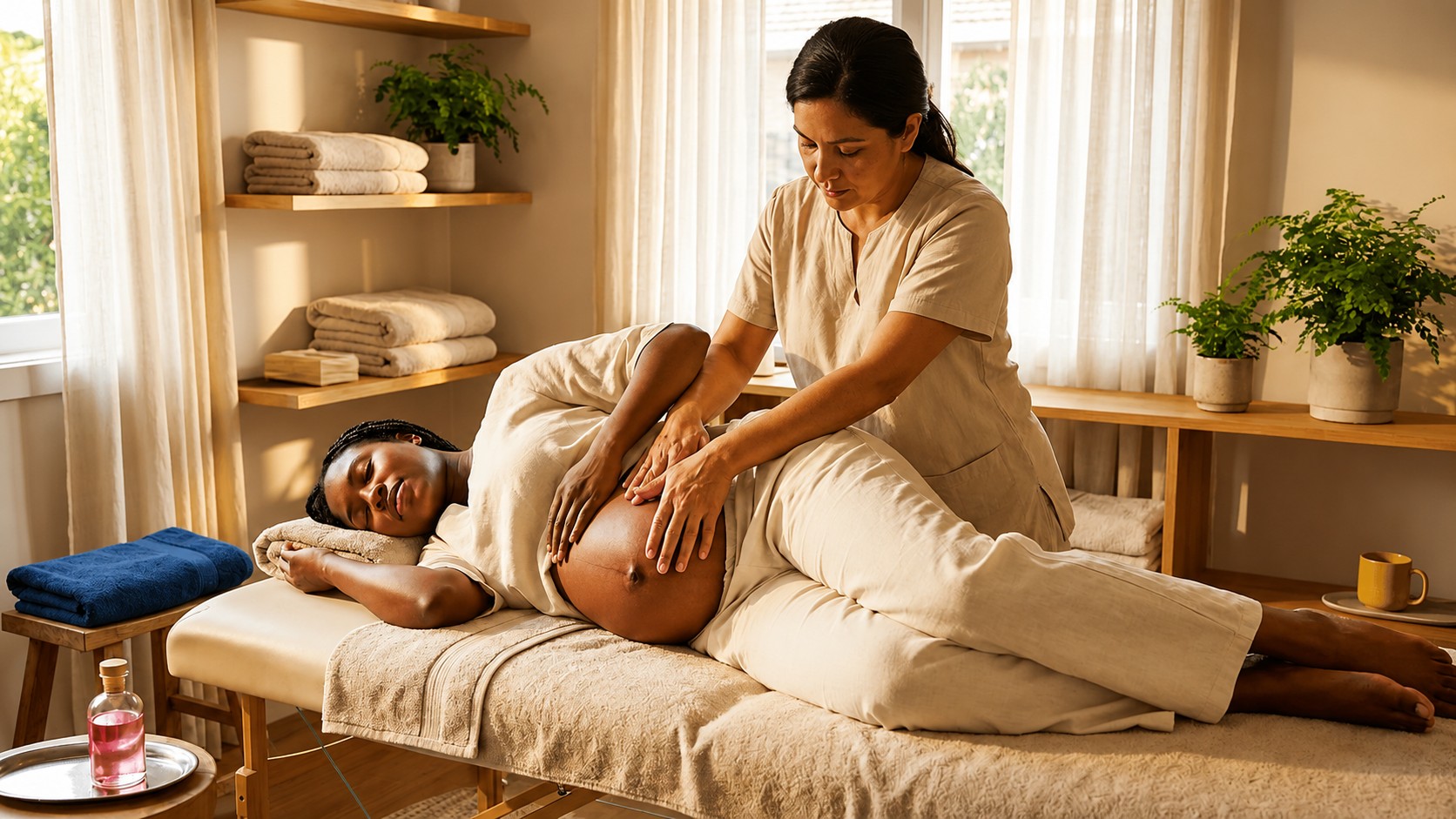 Prenatal massage in California with pregnant woman receiving a supported side-lying treatment.