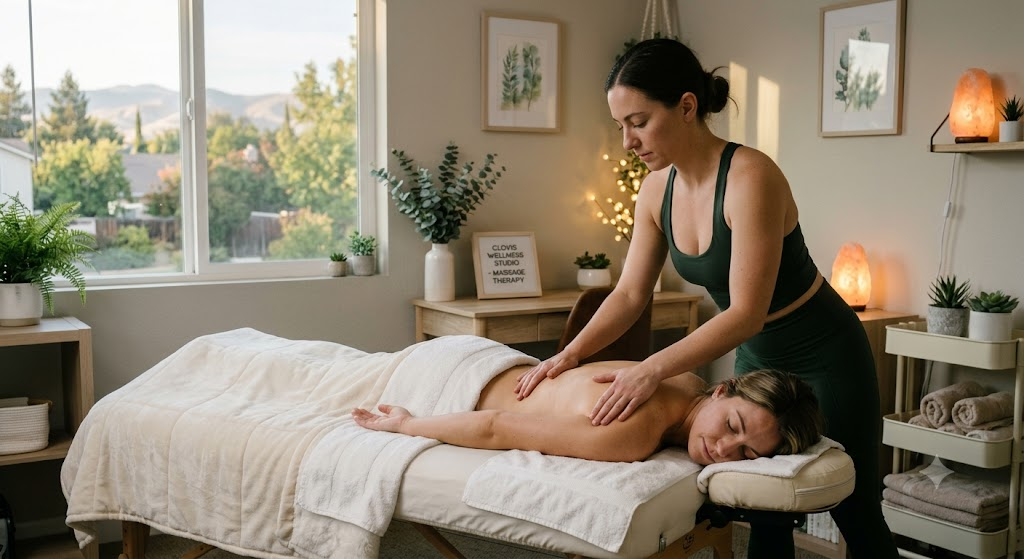 Therapist providing a relaxing massage in a calm wellness studio in Clovis, CA.