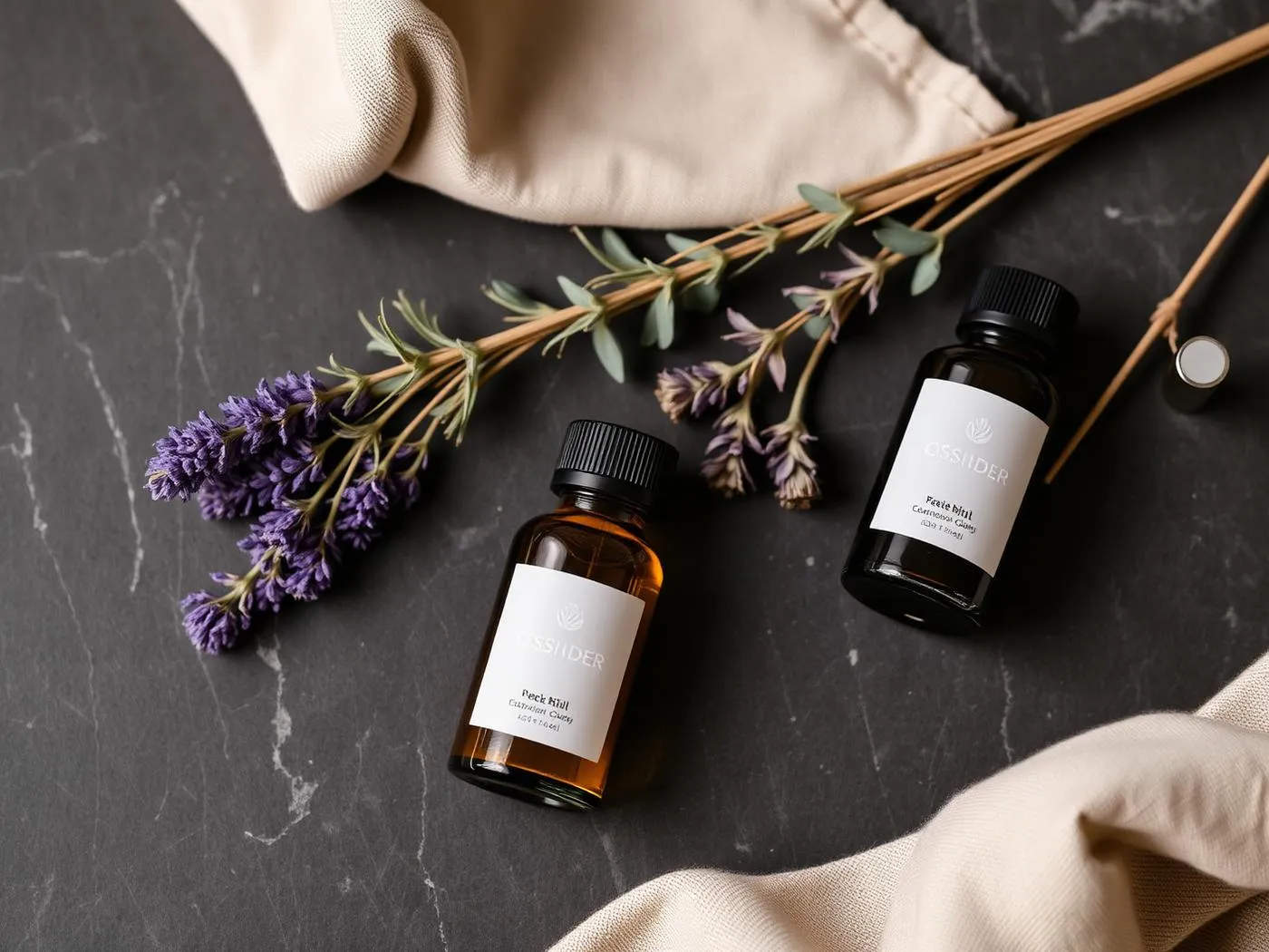 Amber essential oil bottles beside dried botanicals