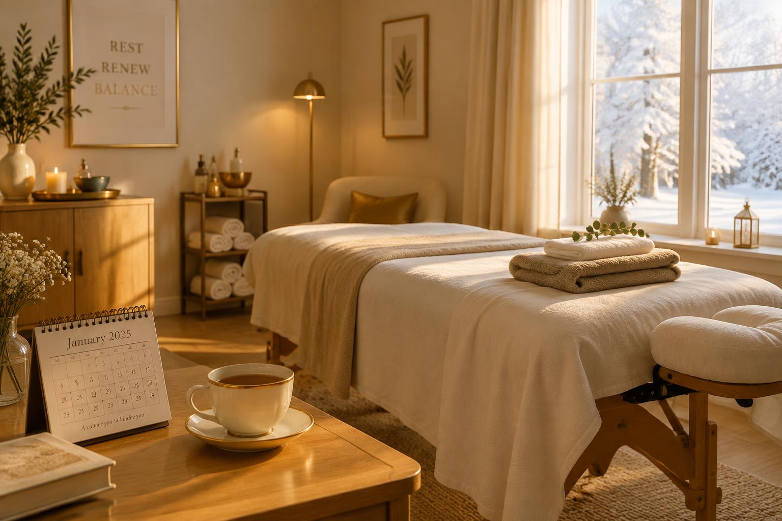 Quiet massage studio on a winter morning with a January calendar and tea, the ideal time to start a massage series