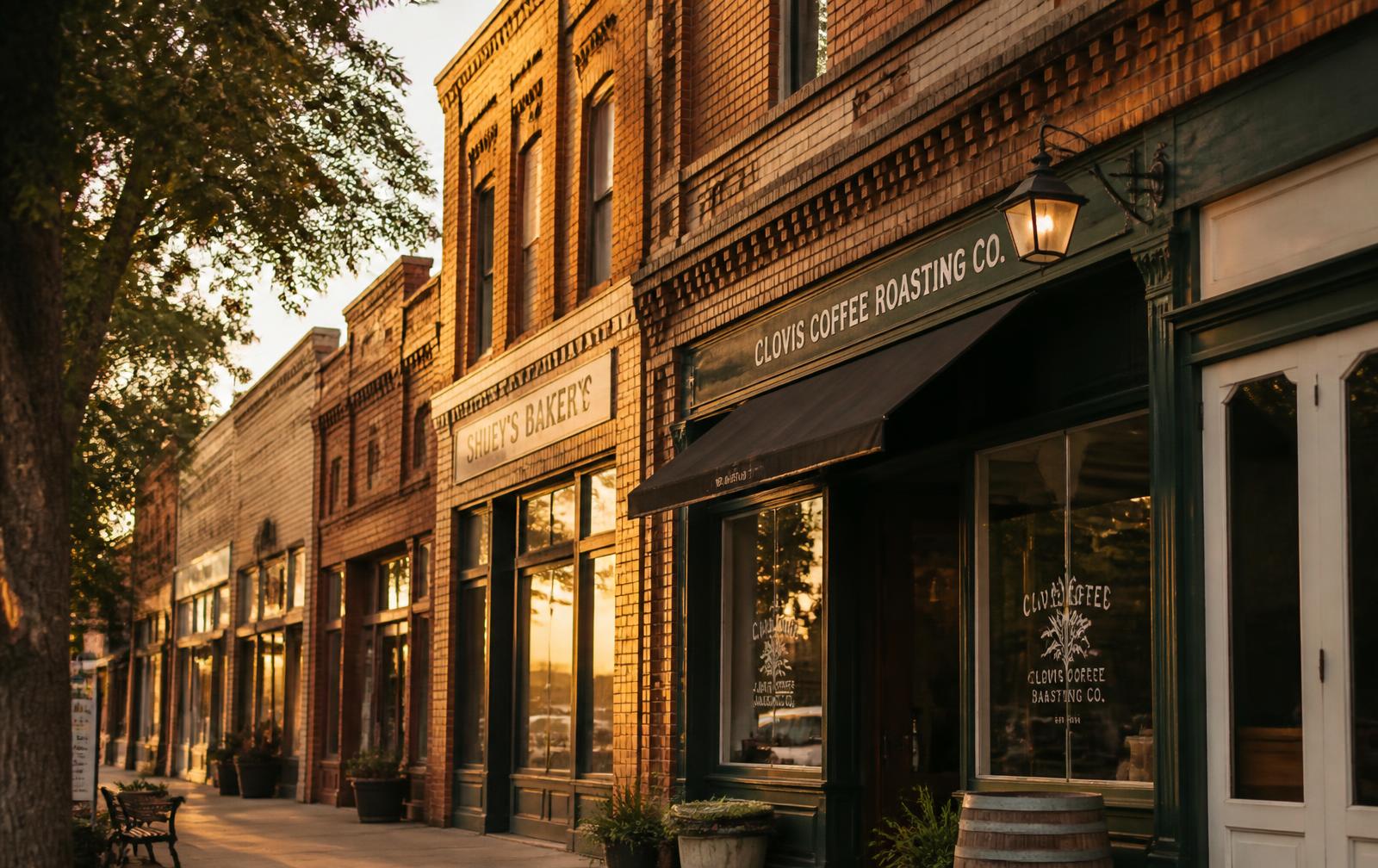 Historic brick storefronts along Pollasky Avenue in Old Town Clovis at golden hour