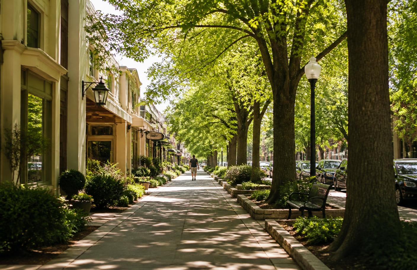 Flat tree-shaded walking trail beside Old Town Clovis, ideal for a gentle post-massage walk