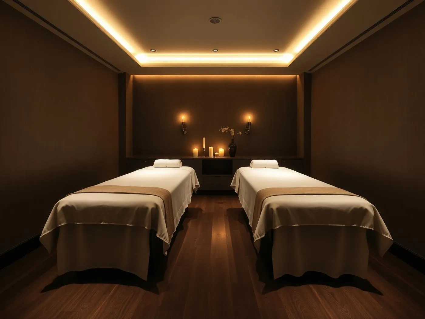 Two massage tables side by side in a candlelit treatment room