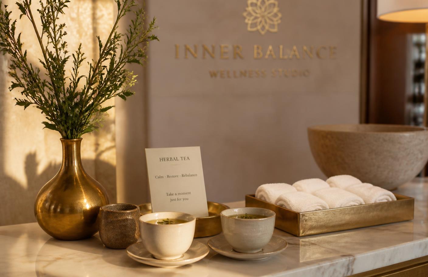 Warm ivory and gold spa reception detail with herbal tea and rolled towels ready for arriving couples.