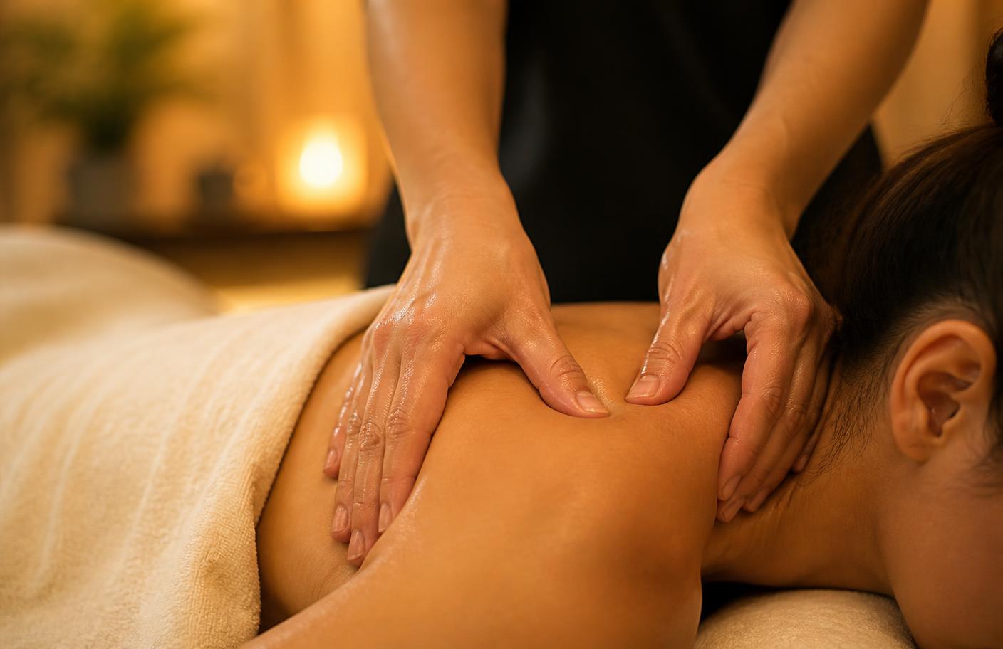 Massage therapist applying firm, targeted pressure to a client's shoulder during a couples session.