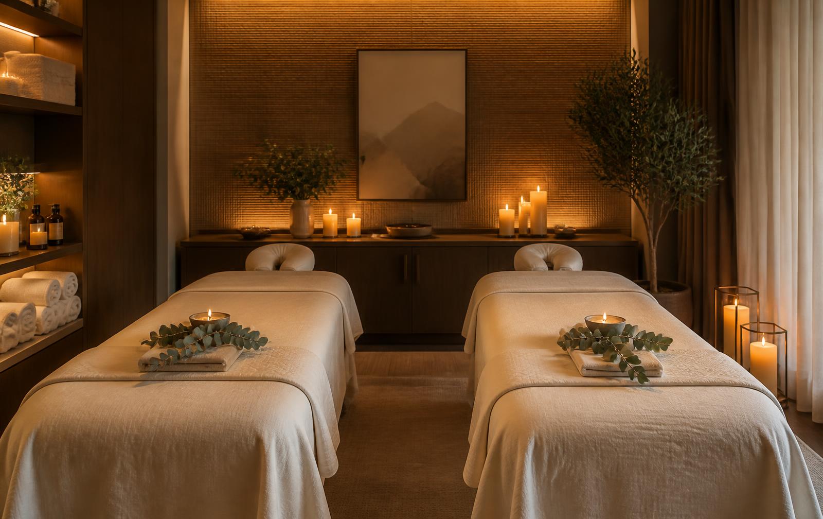 Two massage tables side by side in a warm, candlelit couples treatment room with cream linens.