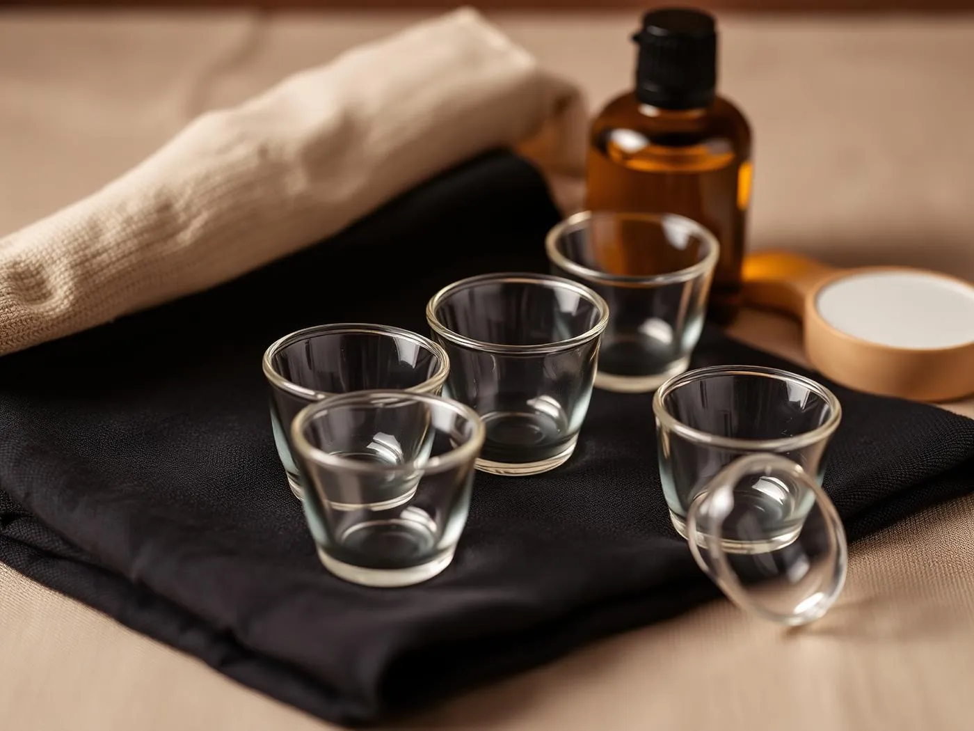 Glass and silicone cupping sets arranged on dark stone