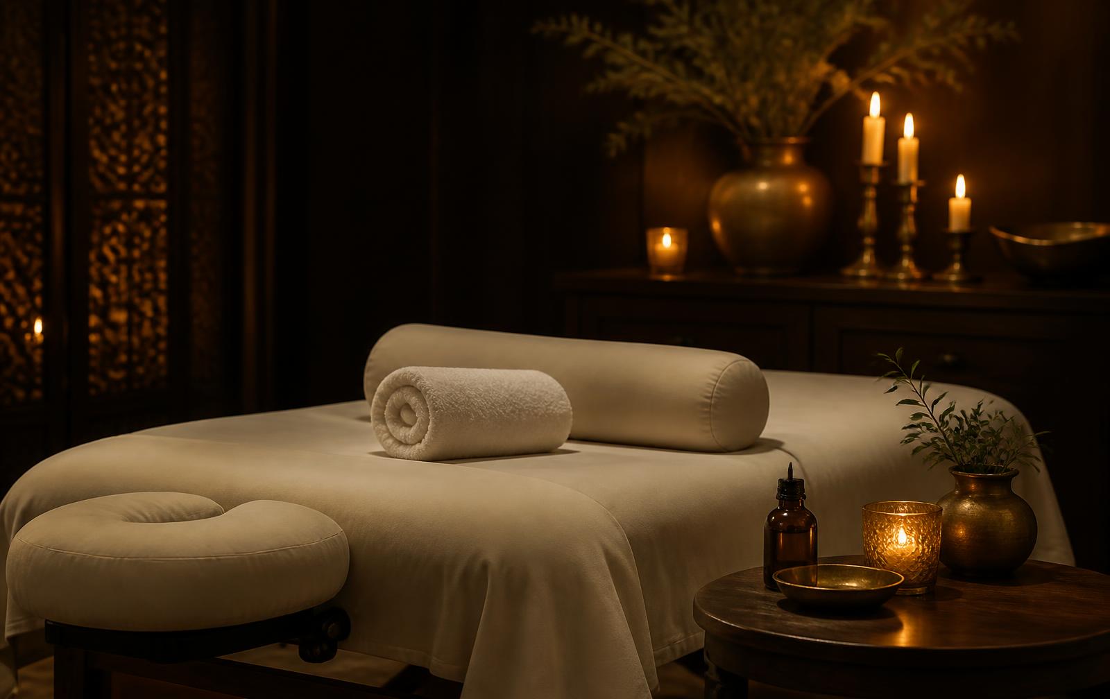 Candlelit massage table with cream linens, bolster and massage oil in a quiet Clovis treatment room