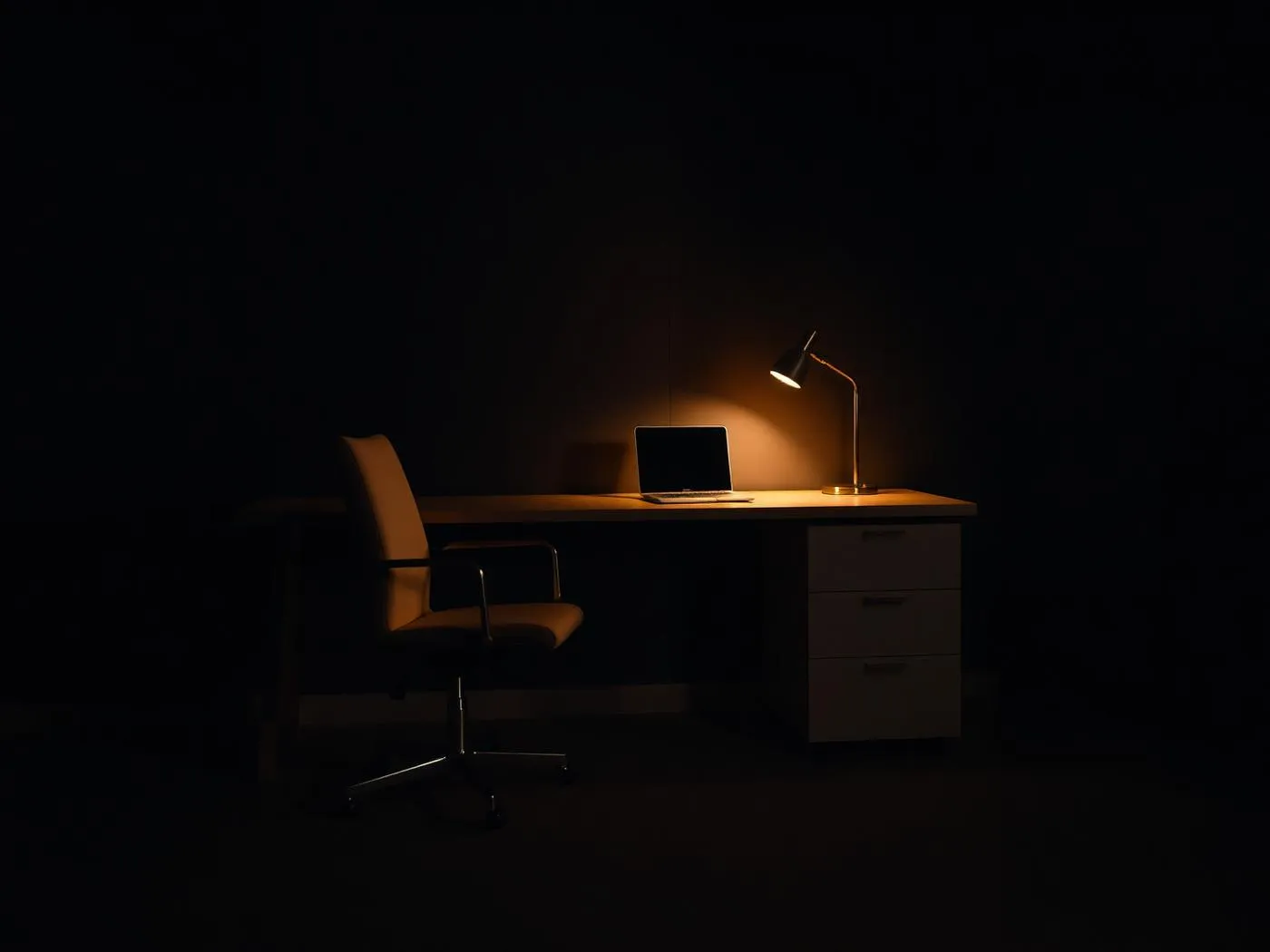 Desk with a laptop and a warm lamp in a dark quiet room