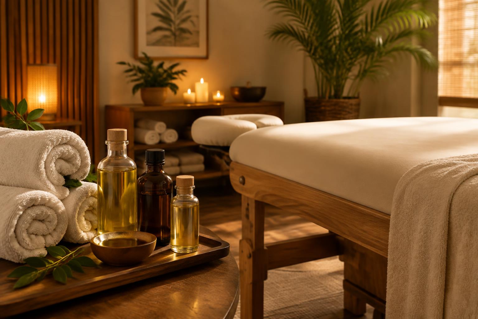 Massage oils, rolled towels and a wooden massage table prepared for a relaxing Swedish massage session