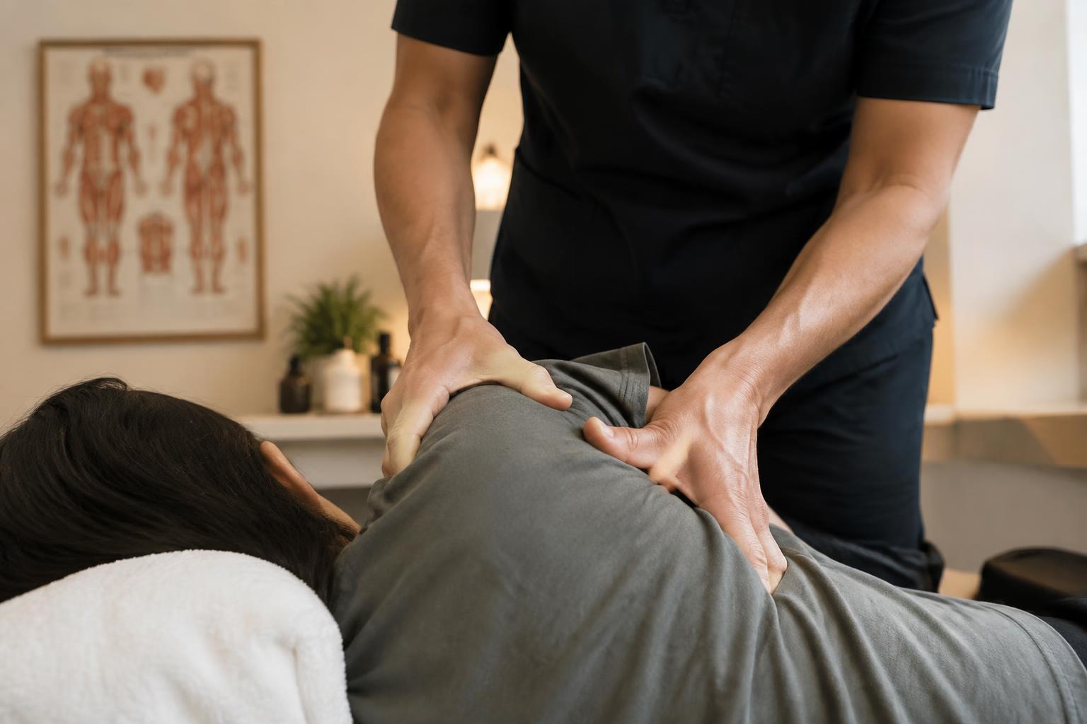 Massage therapist applying focused deep tissue pressure to a client's tight shoulder