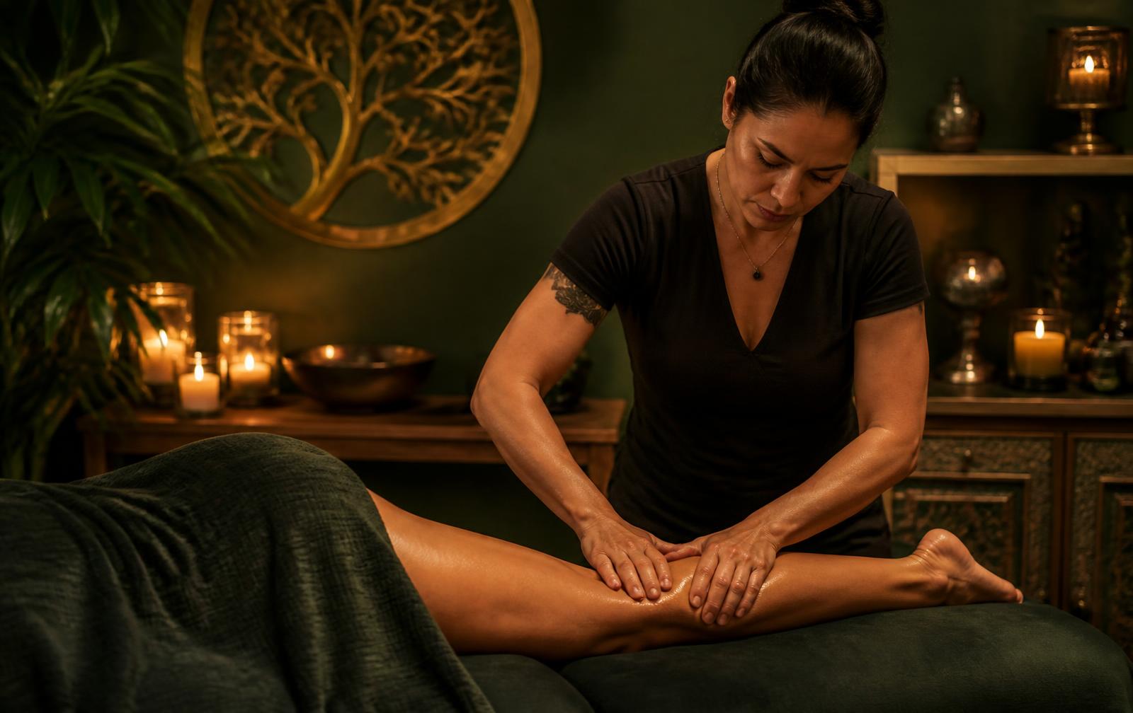 Massage therapist working on a runner's calf muscle during a deep tissue session in a candlelit studio