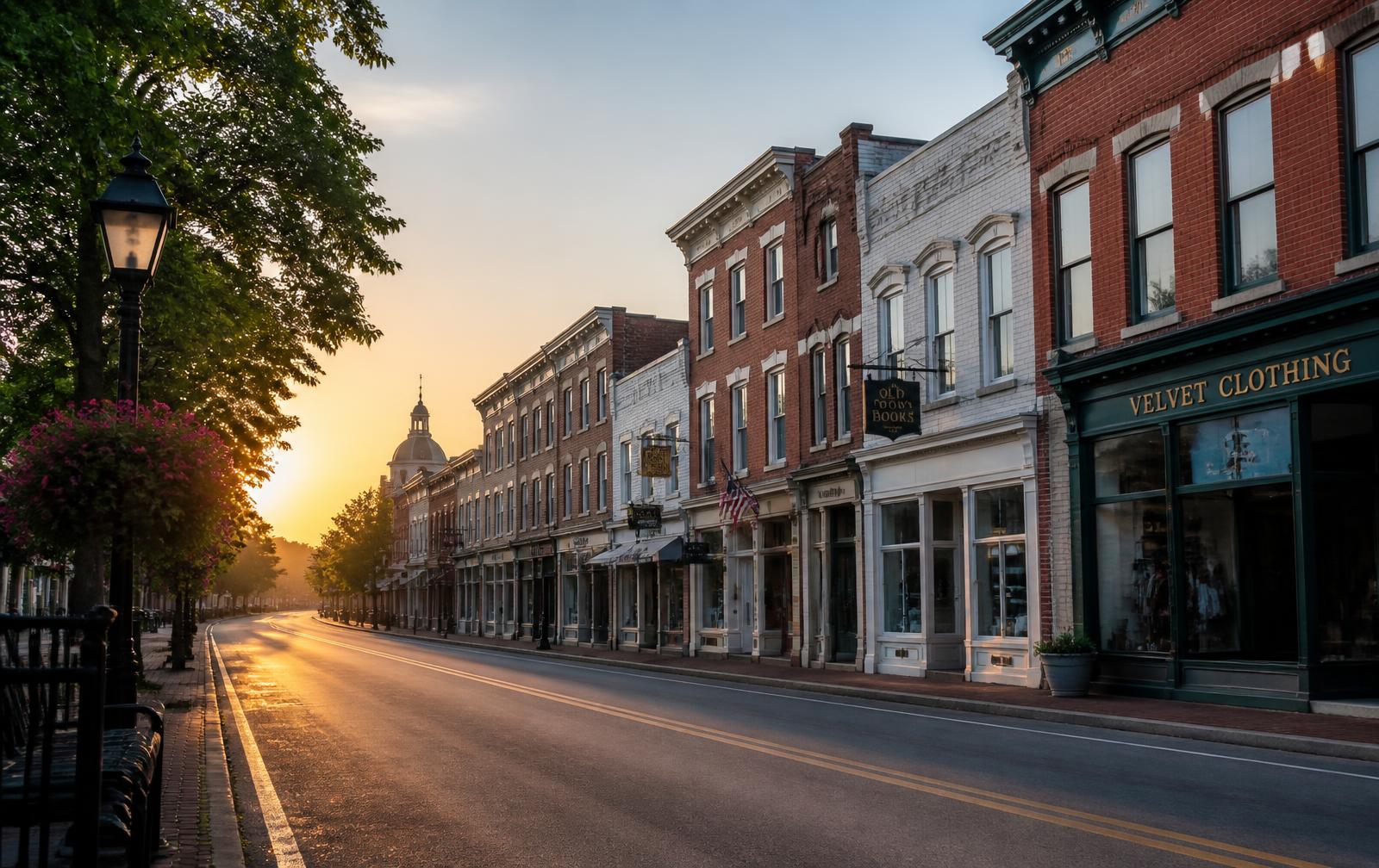 Quiet Old Town street at sunrise, the calmest window for the drive from Fresno to Clovis