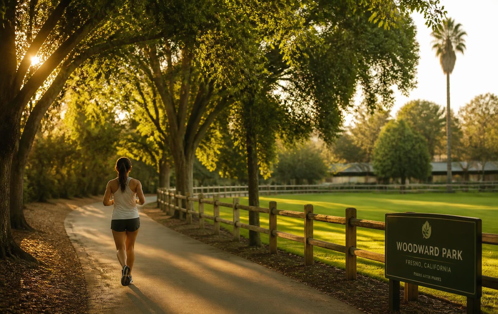 Runner on a tree-shaded trail beside Woodward Park in Fresno, California at golden hour
