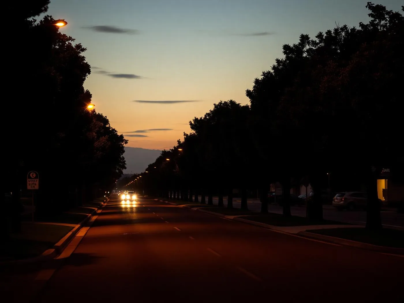 Wide Sanger street lined with trees at dusk