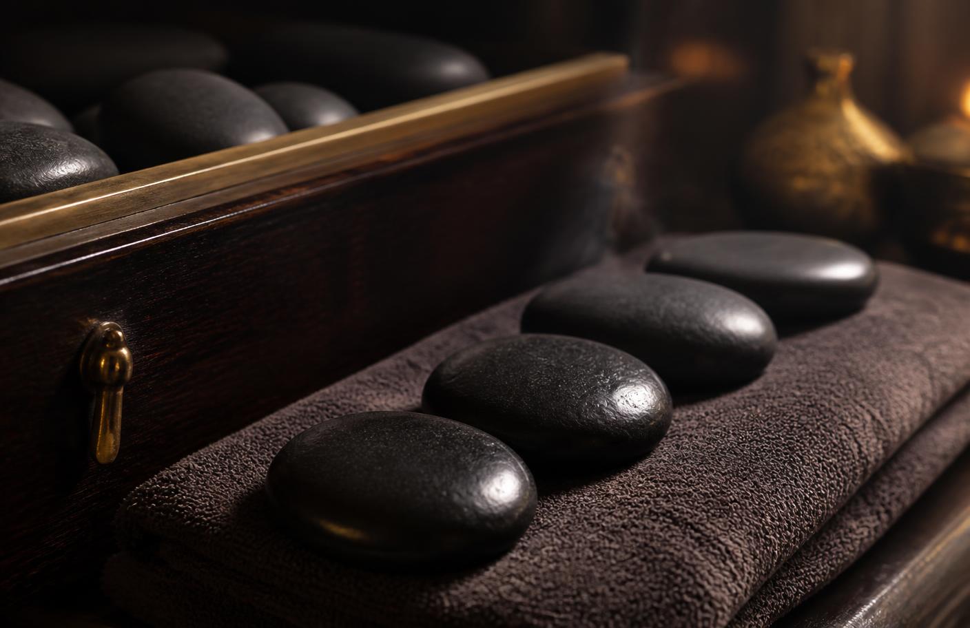 Heated basalt stones warming on folded towels beside a stone warmer for hot stone massage therapy in Central Valley.