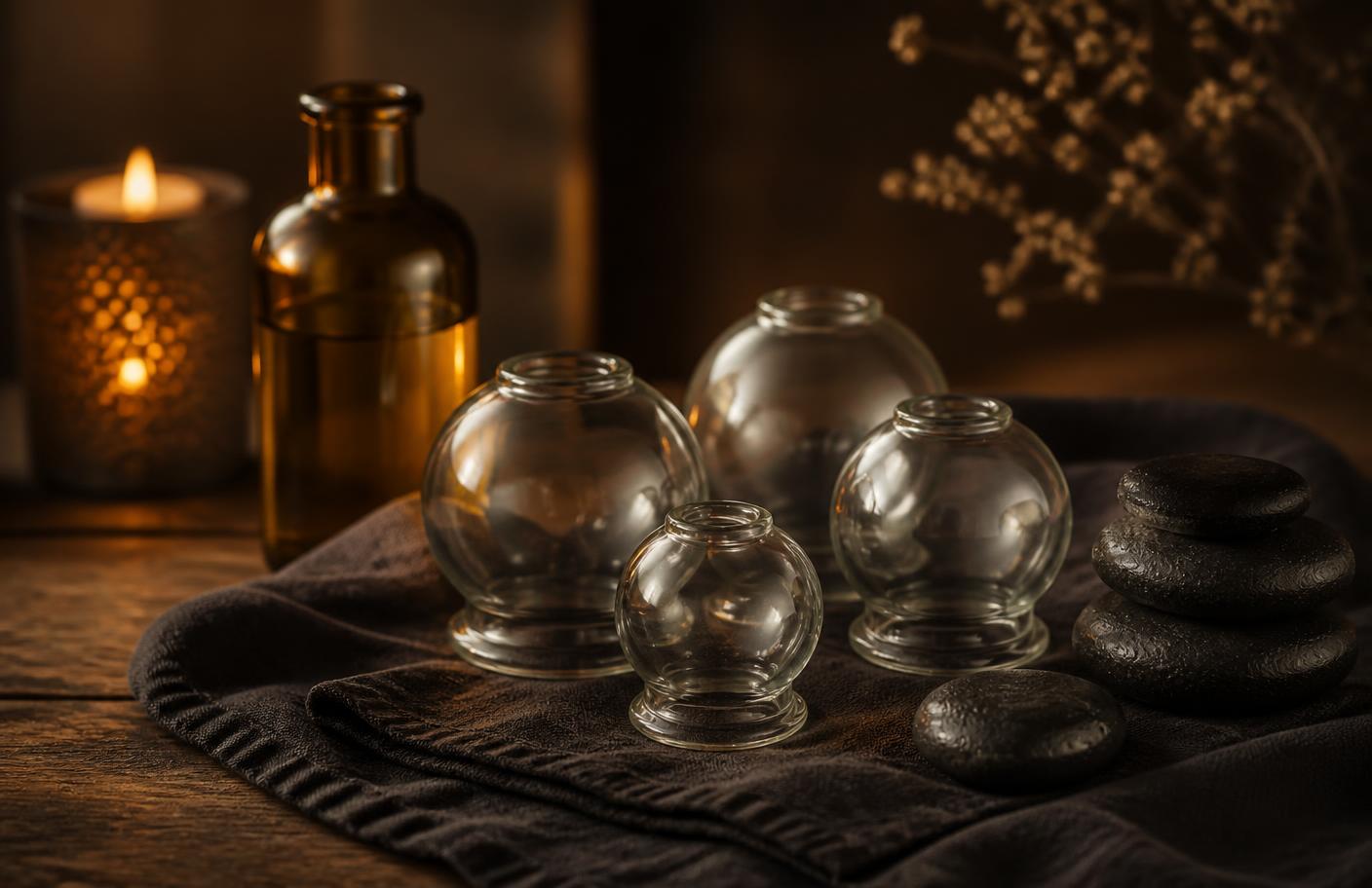 Glass cupping cups and basalt stones arranged on dark linen, showing cupping therapy in Central Valley alongside hot stone work.