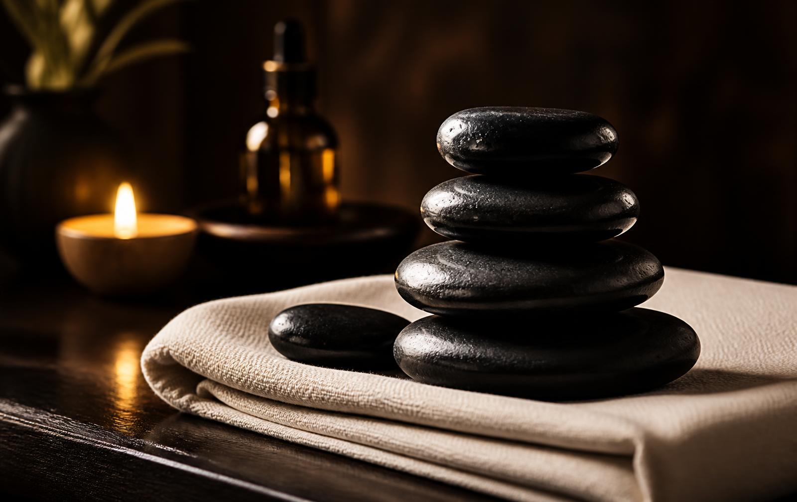 Smooth heated basalt stones stacked on folded linen beside candlelight in a Clovis treatment room.