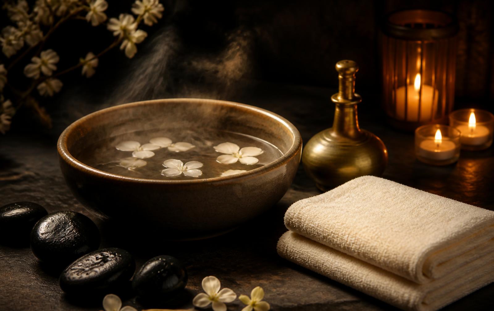 Candlelit reflexology setup with a warm bowl of petal water, black stones and folded towels