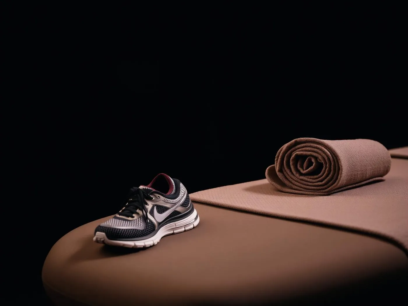 Running shoe and rolled towel resting on a massage table in low light