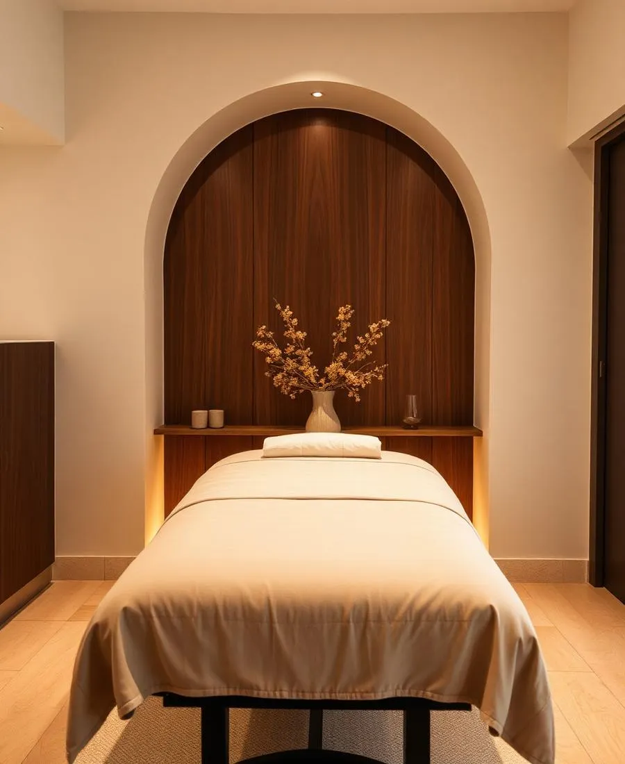 Treatment room with a linen-dressed massage table