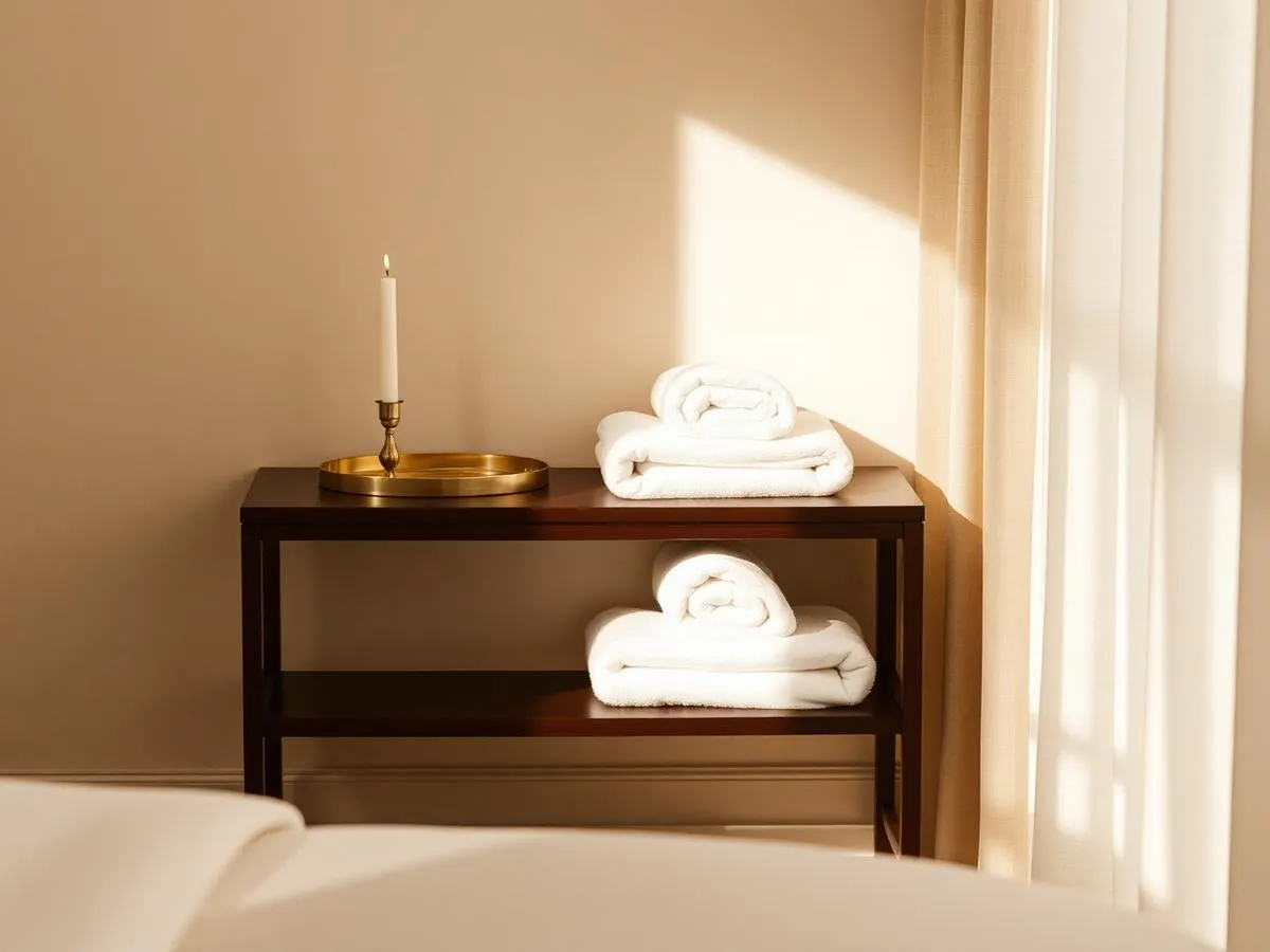 Console with brass tray, candle and folded towels