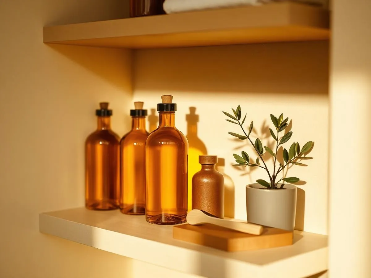 Shelf of amber massage oil bottles and warm towels