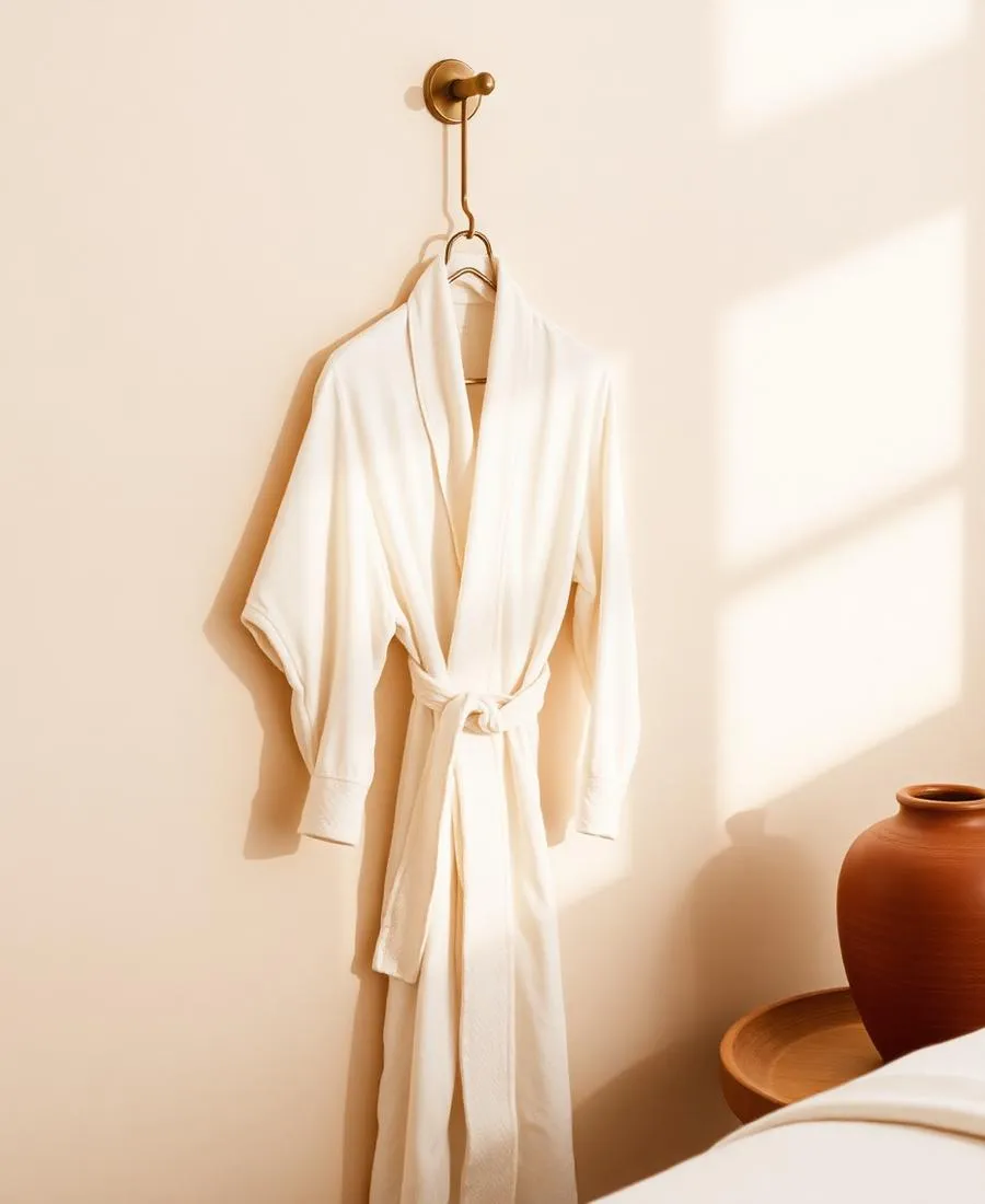 Linen robe hanging on a brass hook in the treatment suite