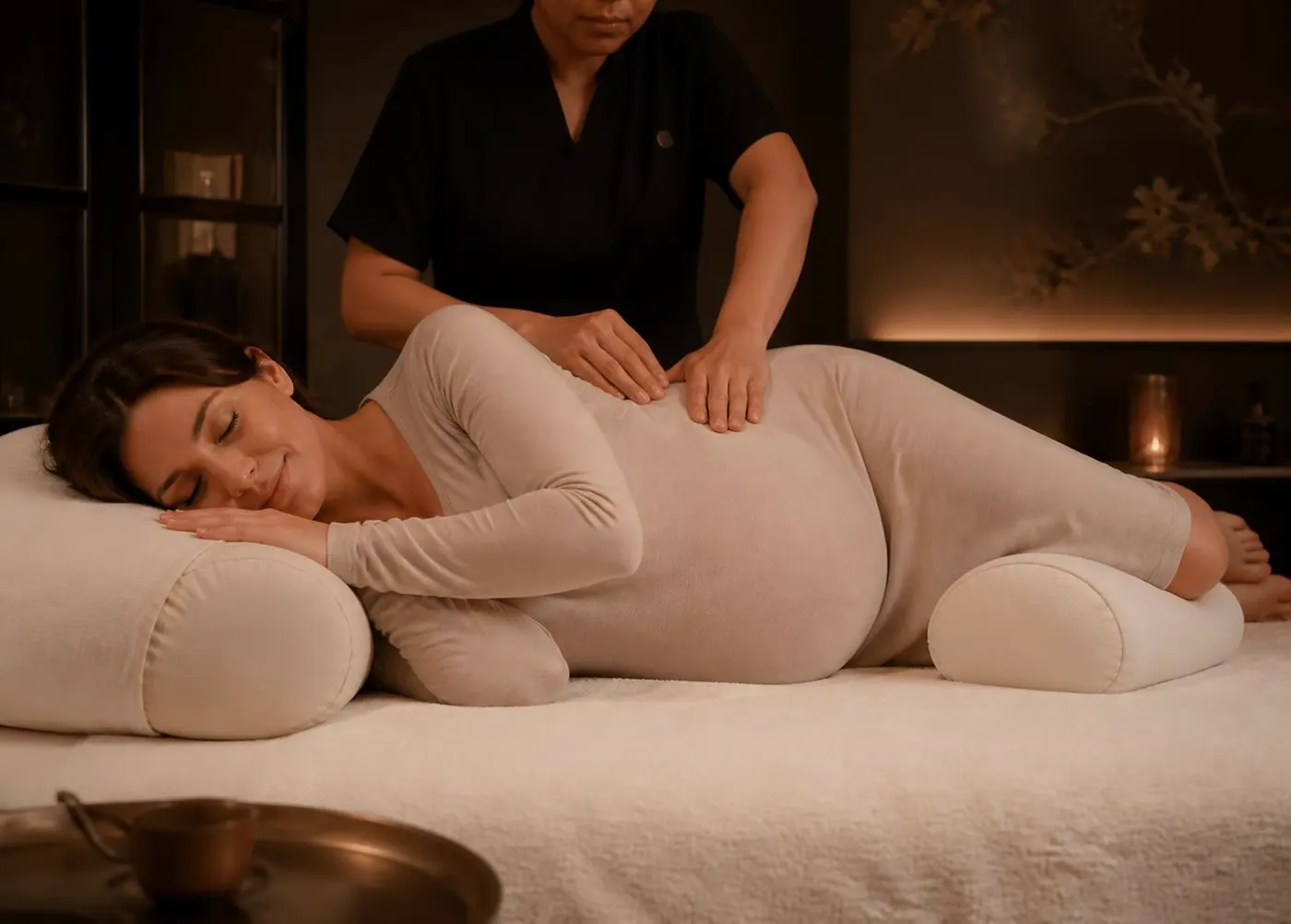 Prenatal massage session with supportive bolsters and side-lying positioning for a Fresno client